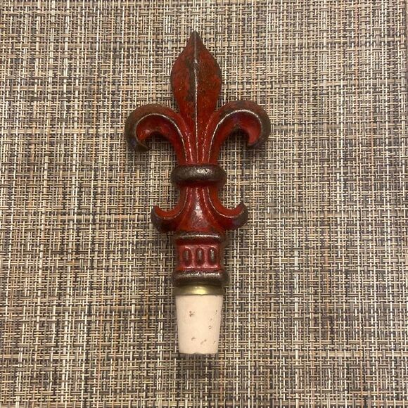 Fleur De Lis Red Wrought Iron Wine Bottle Cork Stopper Rustic Bar Accessories - Picture 1 of 5